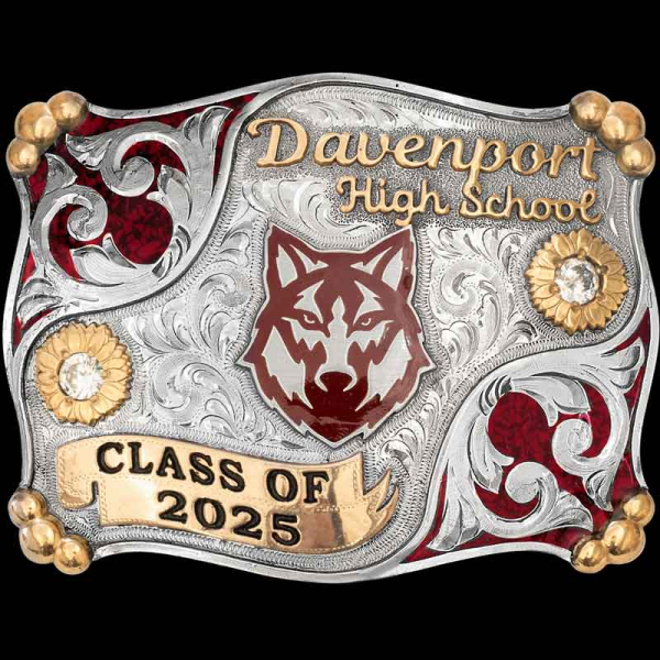 "The Carson Graduation buckle is the perfect Graduation Gift for your cowboy or cowgirl. Crafted on a hand-engraved German Silver base with a natural finish. Detailed with Jewelers Bronze beaded elements, German Silver scrolls and our signature crush